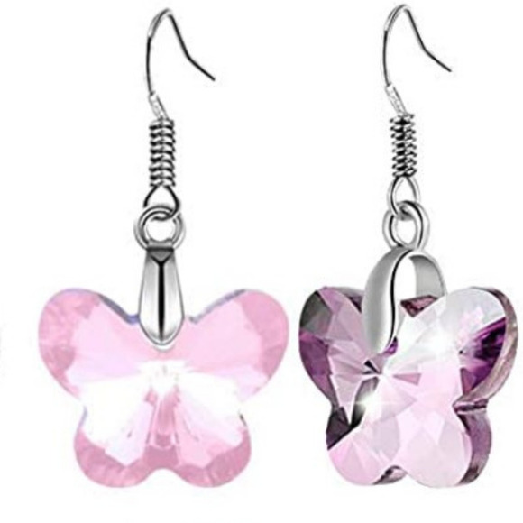 Butterfly Earrings Dangle Crystal Cut Earrings Butterflies Silver Translucent - Picture 1 of 8